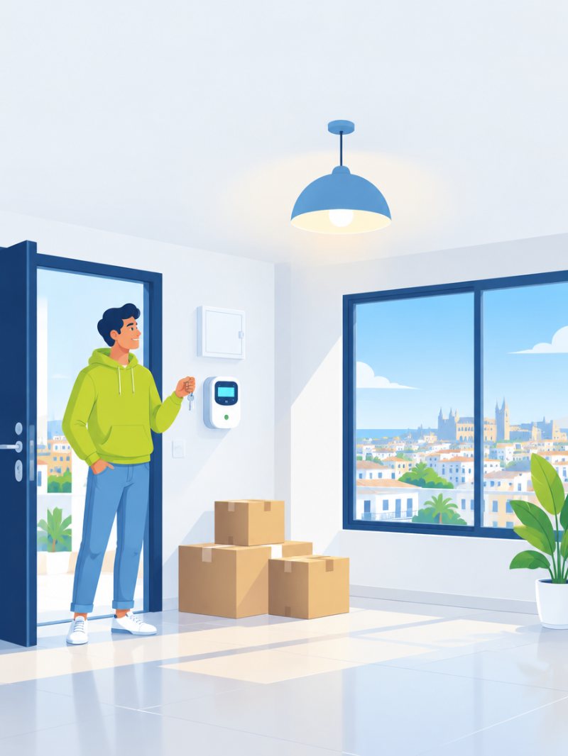 Persona con las llaves de su nueva casa junto al contador de luz y cajas de mudanza